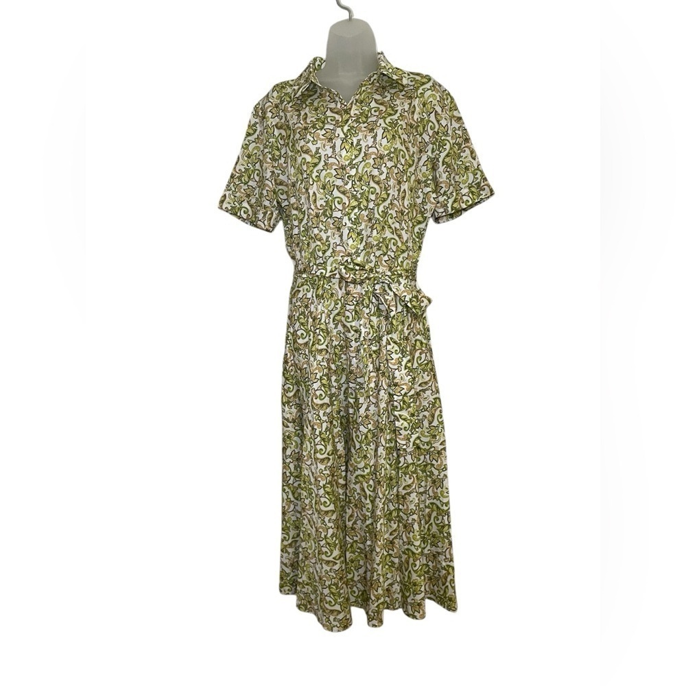 Palm Resort NWT Palm Tree Midi Shirt Dress Size 10 100% Tencel Cotton Green - Picture 2 of 8